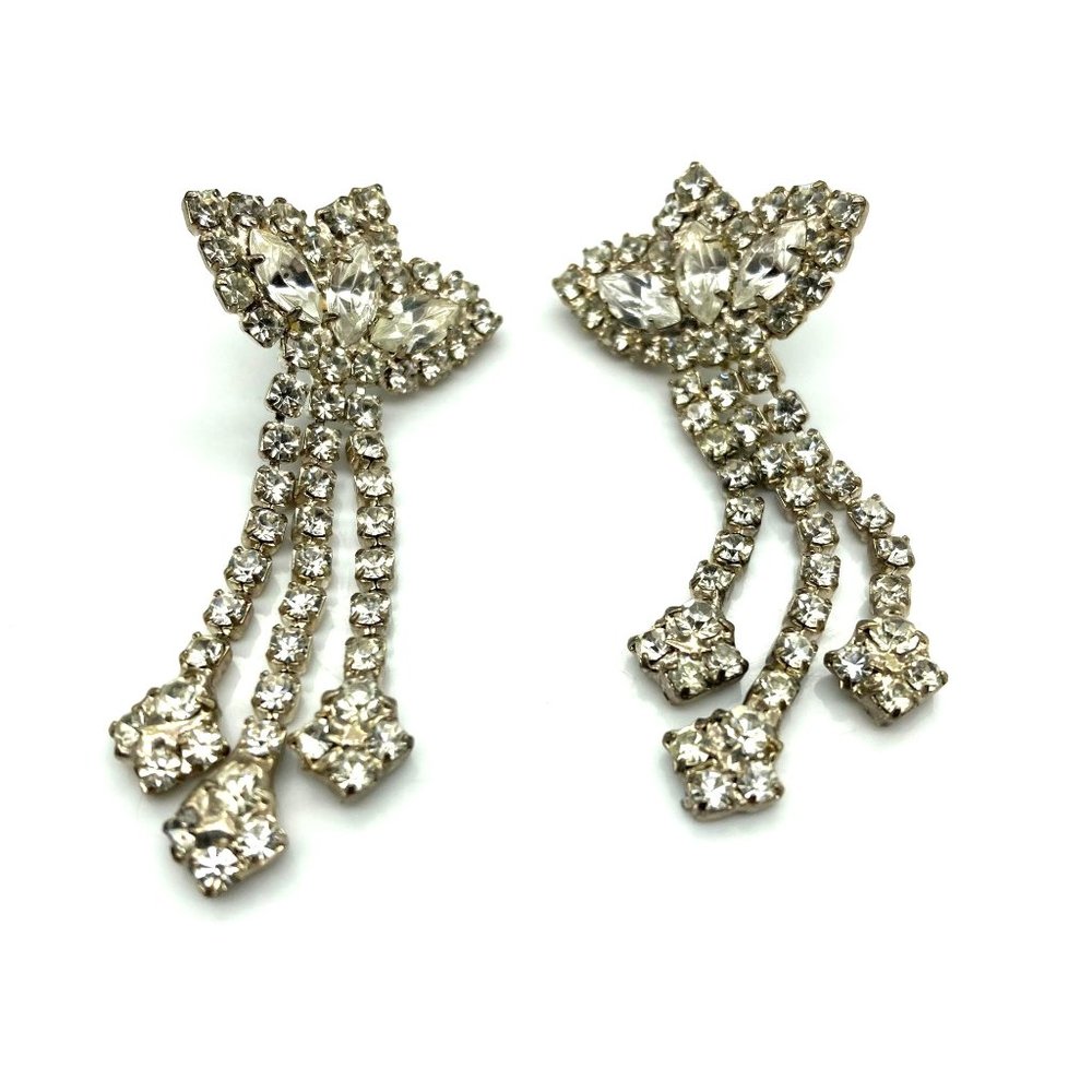 Vintage Floral Crystal Drop Earrings, Glam Studs Wedding Sparkle, Prong Set